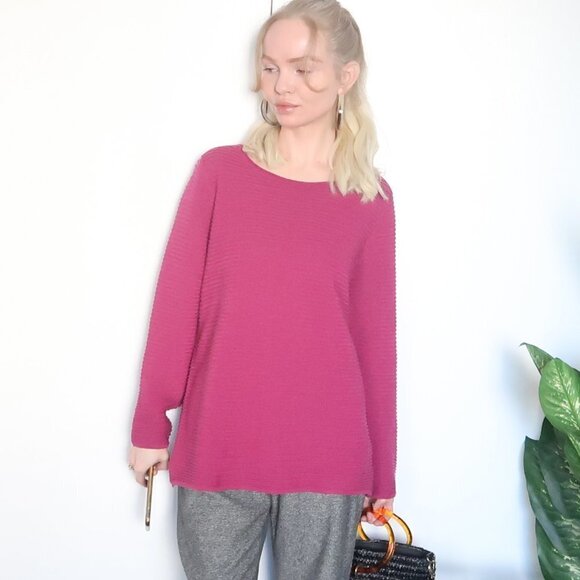 Eileen Fisher Pink/ Fuchsia Jewel Neck Ribbed Sweater - Picture 4 of 12